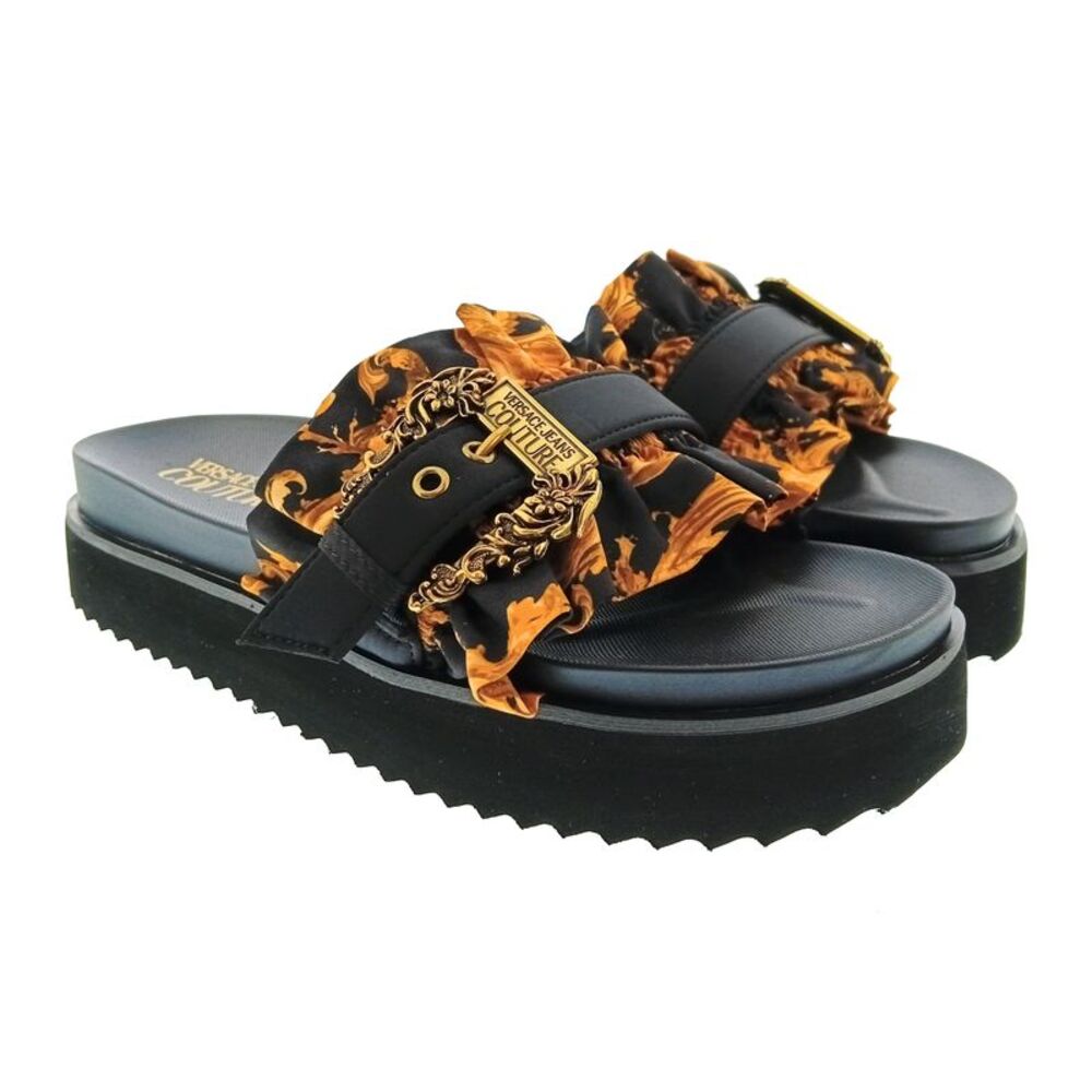 Versace Jeans Couture Womens Black Ruffle Platform Slide Sandals